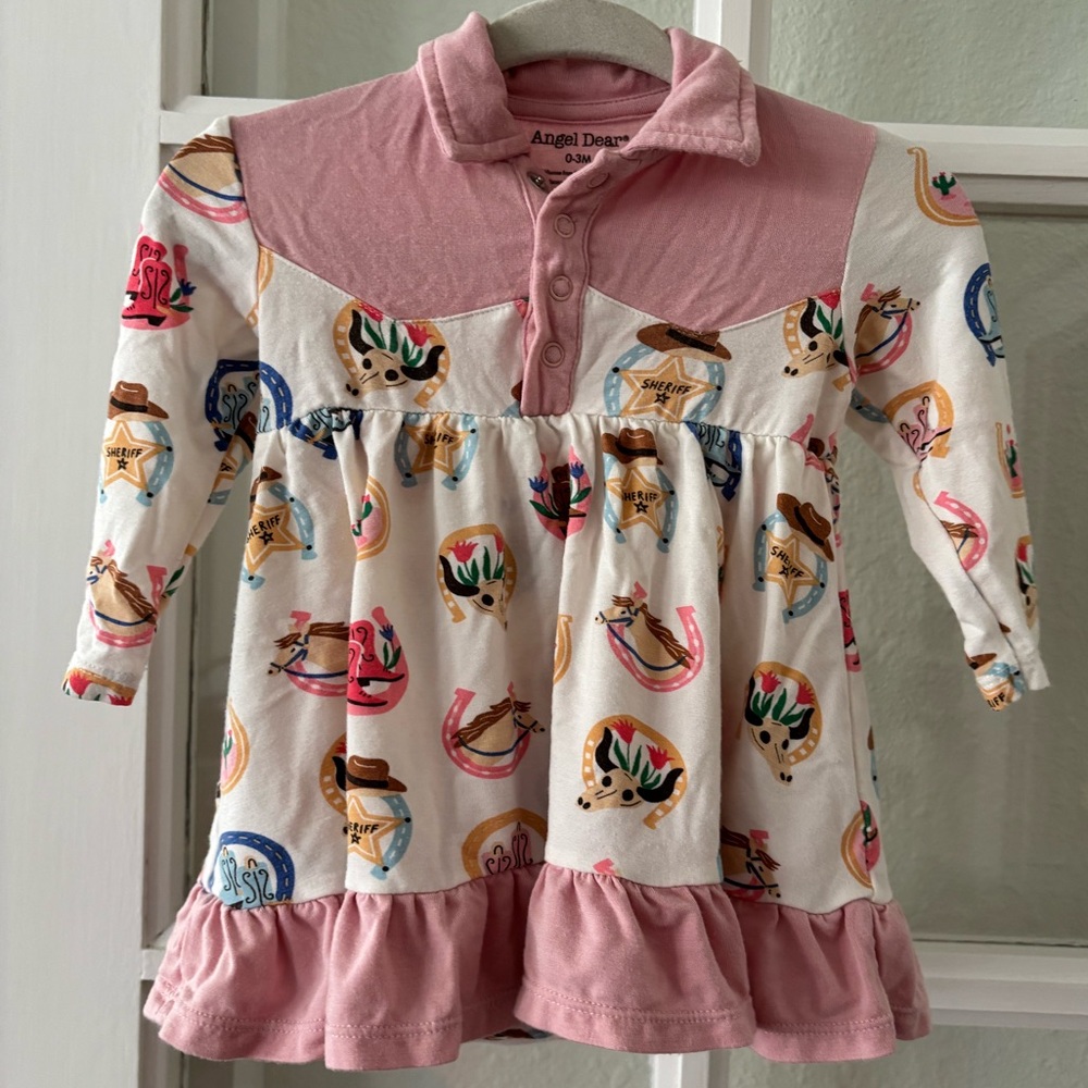Angel Dear Pink & Cream Western-Print Long Sleeve Dress